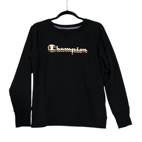 Champion Retro Crewneck Sweatshirt Logo Spellout Black Cream Brown Size Medium - Picture 1 of 10